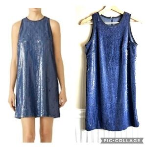 Carmen Marc Valvo Denim Blue Sequined Sleeveless Shift Dress Size 2 Party Dress